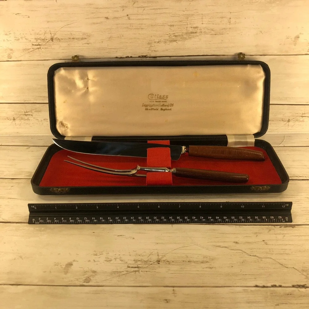 Vintage Cutlass Leppington Sheffield England Carving Set Knife Fork Wood Handle